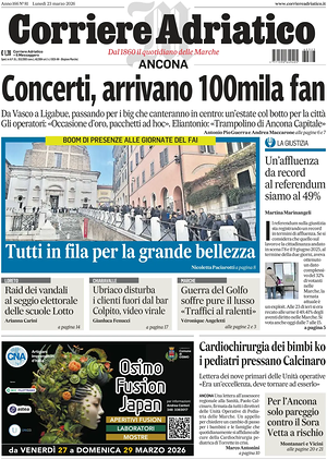 Prima pagina Corriere Adriatico (Ancona) di oggi - Quotidiano regionale