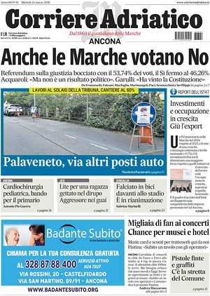 Prima pagina Corriere Adriatico (Ancona) di oggi - Quotidiano regionale