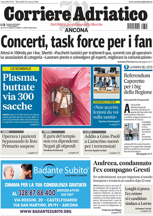 Prima pagina Corriere Adriatico (Ancona) di oggi - Quotidiano regionale