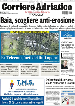 Prima pagina Corriere Adriatico (Ancona) di oggi - Quotidiano regionale