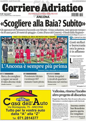 Prima pagina Corriere Adriatico (Ancona) di oggi - Quotidiano regionale