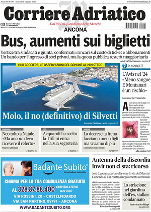 Prima pagina Corriere Adriatico (Ancona) di oggi - Quotidiano regionale