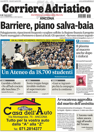 Prima pagina Corriere Adriatico (Ancona) di oggi - Quotidiano regionale