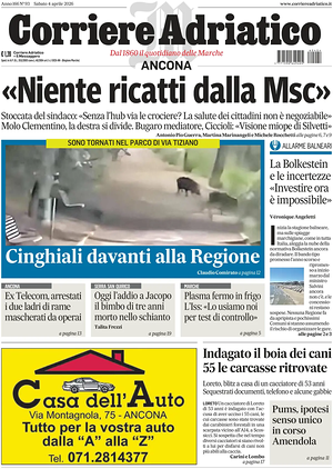 Prima pagina Corriere Adriatico (Ancona) di oggi - Quotidiano regionale