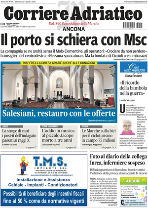 Prima pagina Corriere Adriatico (Ancona) di oggi - Quotidiano regionale
