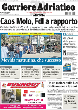 Prima pagina Corriere Adriatico (Ancona) di oggi - Quotidiano regionale