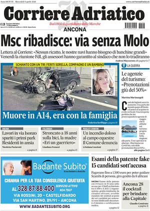 Prima pagina Corriere Adriatico (Ancona) di oggi - Quotidiano regionale