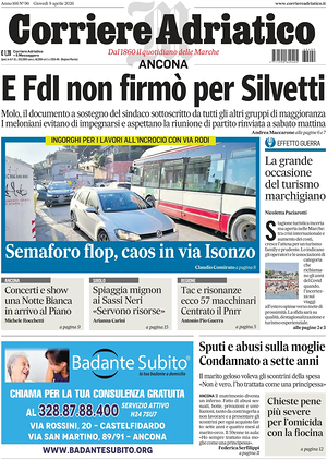 Prima pagina Corriere Adriatico (Ancona) di oggi - Quotidiano regionale