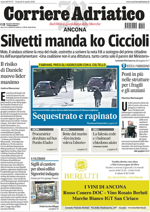 Prima pagina Corriere Adriatico (Ancona) di oggi - Quotidiano regionale