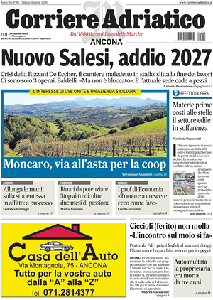 Prima pagina Corriere Adriatico (Ancona) di oggi - Quotidiano regionale