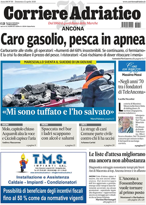 Prima pagina Corriere Adriatico (Ancona) di oggi - Quotidiano regionale