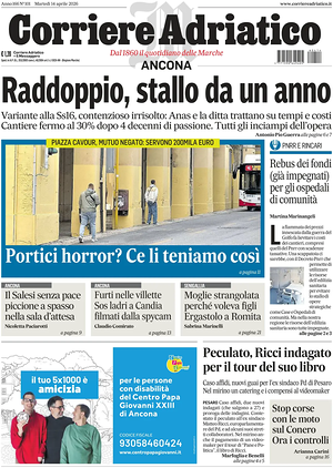 Prima pagina Corriere Adriatico (Ancona) di oggi - Quotidiano regionale