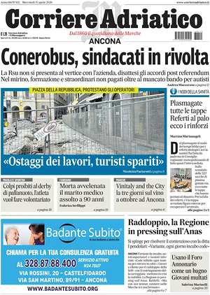 Prima pagina Corriere Adriatico (Ancona) di oggi - Quotidiano regionale