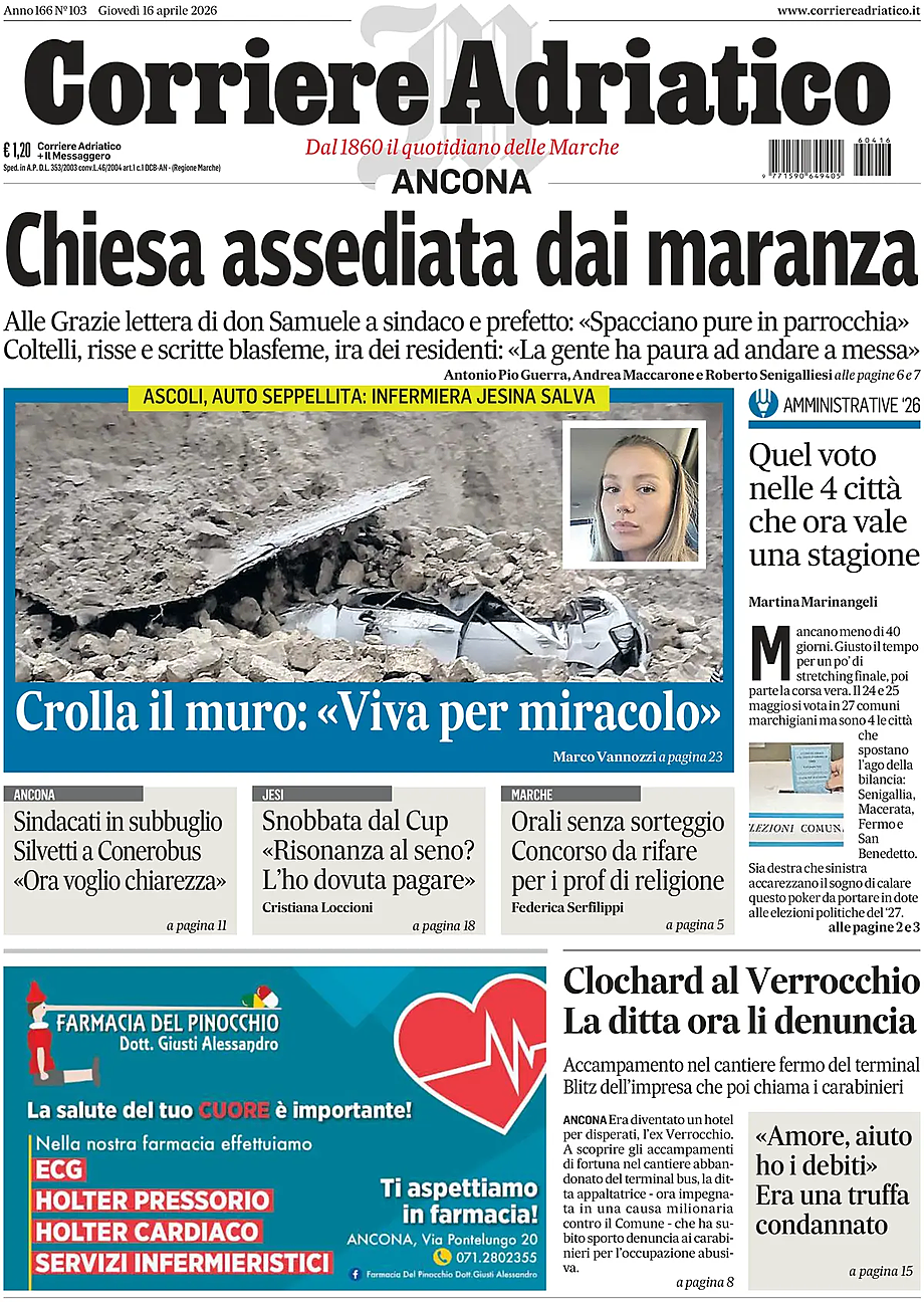 Prima pagina Corriere Adriatico (Ancona) di oggi - Edicola 16 Aprile 2026