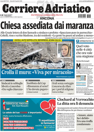 Prima pagina Corriere Adriatico (Ancona) di oggi - Quotidiano regionale