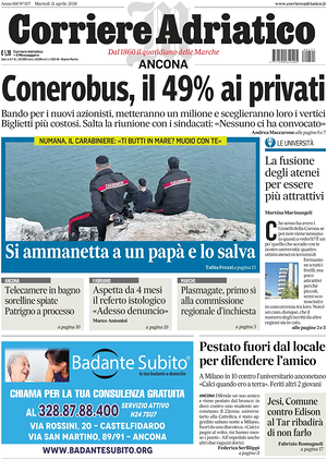Prima pagina Corriere Adriatico (Ancona) di oggi - Quotidiano regionale