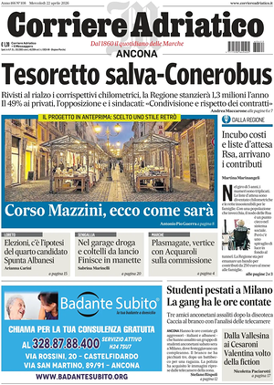 Prima pagina Corriere Adriatico (Ancona) di oggi - Quotidiano regionale