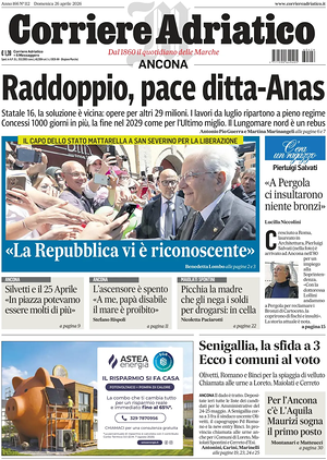 Prima pagina Corriere Adriatico (Ancona) di oggi - Quotidiano regionale