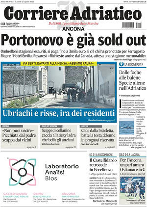 Prima pagina Corriere Adriatico (Ancona) di oggi - Quotidiano regionale