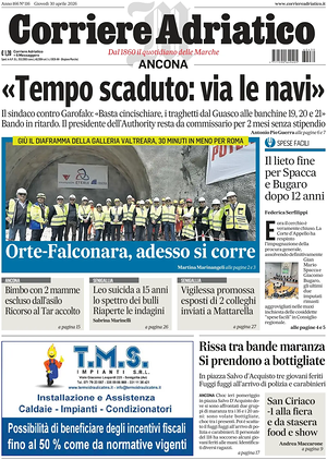 Prima pagina Corriere Adriatico (Ancona) di oggi - Quotidiano regionale