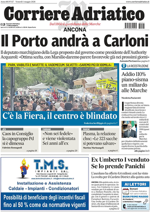Prima pagina Corriere Adriatico (Ancona) di oggi - Quotidiano regionale
