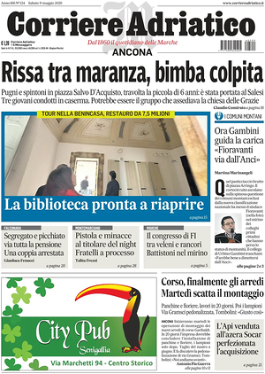 Prima pagina Corriere Adriatico (Ancona) di oggi - Quotidiano regionale