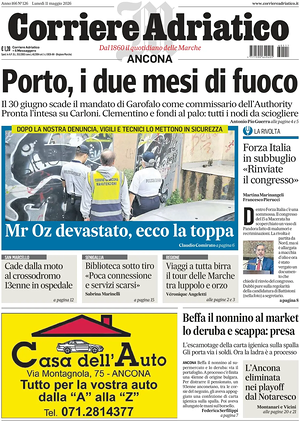 Prima pagina Corriere Adriatico (Ancona) di oggi - Quotidiano regionale