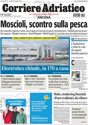 Prima pagina Corriere Adriatico (Ancona) di oggi - Quotidiano regionale