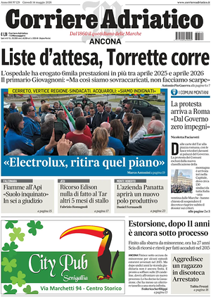 Prima pagina Corriere Adriatico (Ancona) di oggi - Quotidiano regionale