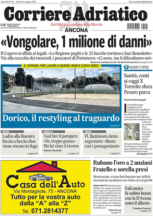 Prima pagina Corriere Adriatico (Ancona) di oggi - Quotidiano regionale
