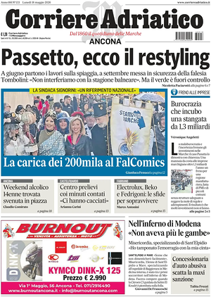 Prima pagina Corriere Adriatico (Ancona) di oggi - Quotidiano regionale