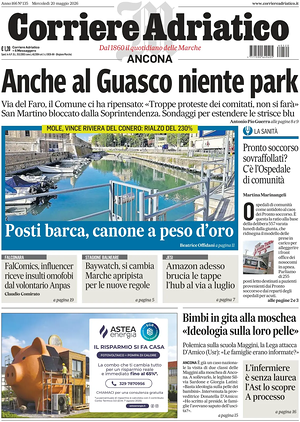 Prima pagina Corriere Adriatico (Ancona) di oggi - Quotidiano regionale