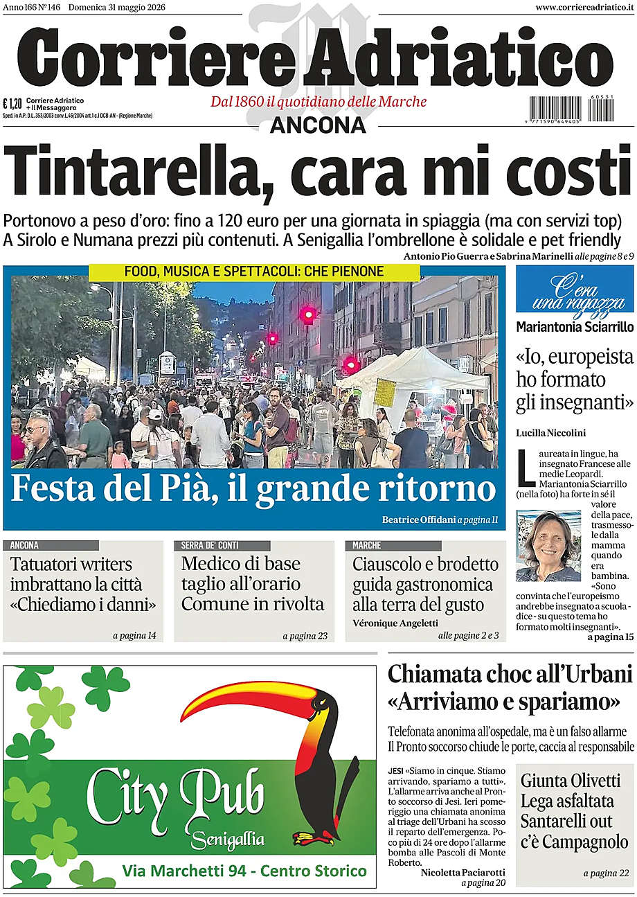 Prima pagina Corriere Adriatico (Ancona) di oggi - Edicola 31 Maggio 2026