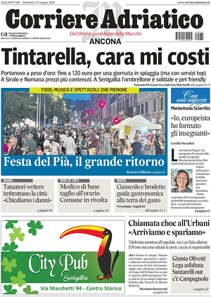 Prima pagina Corriere Adriatico (Ancona) di oggi - Quotidiano regionale