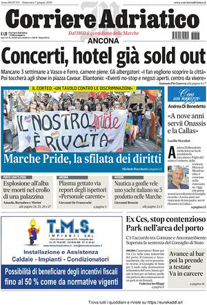 Prima pagina Corriere Adriatico (Ancona) di oggi - Quotidiano regionale