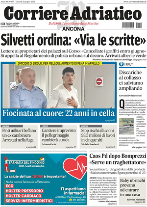 Prima pagina Corriere Adriatico (Ancona) di oggi - Quotidiano regionale