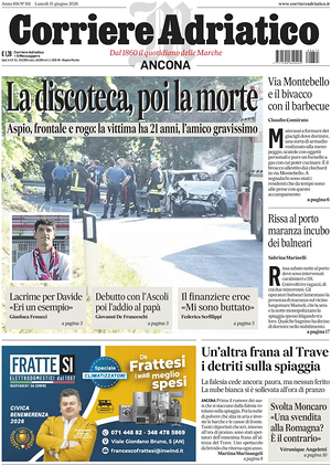 Prima pagina Corriere Adriatico (Ancona) di oggi - Quotidiano regionale