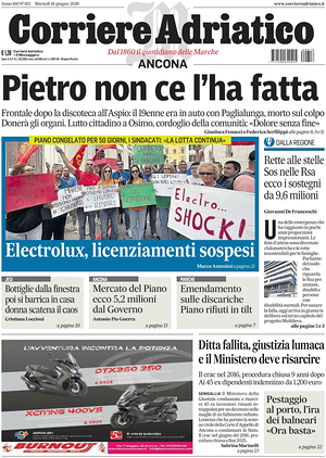 Prima pagina Corriere Adriatico (Ancona) di oggi - Quotidiano regionale