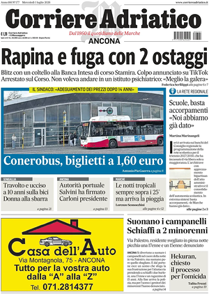 Prima pagina Corriere Adriatico (Ancona) di oggi - Quotidiano regionale