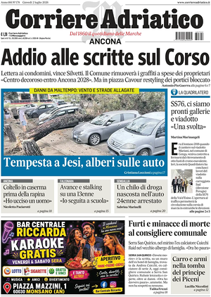 Prima pagina Corriere Adriatico (Ancona) di oggi - Quotidiano regionale