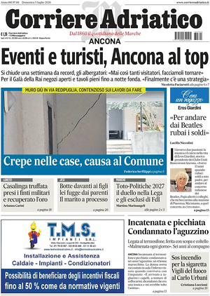 Prima pagina Corriere Adriatico (Ancona) di oggi - Quotidiano regionale
