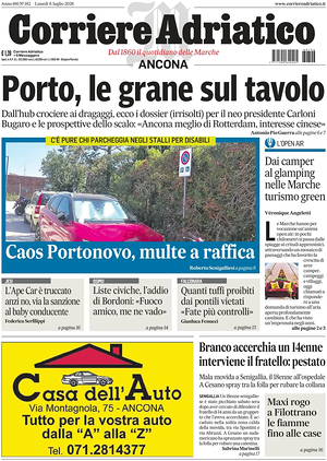 Prima pagina Corriere Adriatico (Ancona) di oggi - Quotidiano regionale