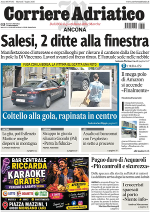 Prima pagina Corriere Adriatico (Ancona) di oggi - Quotidiano regionale