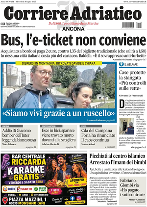Prima pagina Corriere Adriatico (Ancona) di oggi - Quotidiano regionale