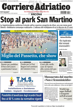 Prima pagina Corriere Adriatico (Ancona) di oggi - Quotidiano regionale