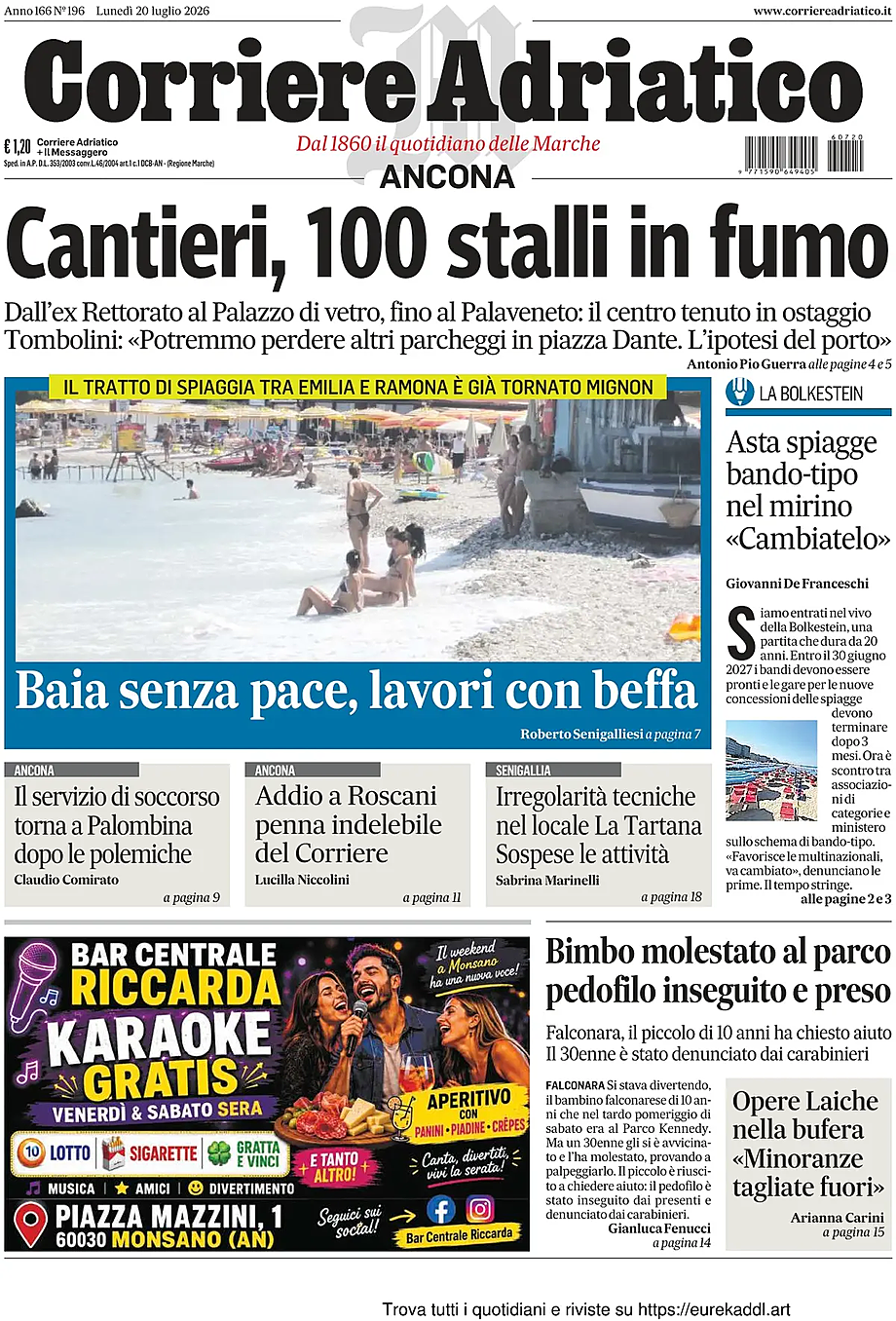 Prima pagina Corriere Adriatico (Ancona) di oggi - Edicola 20 Luglio 2026