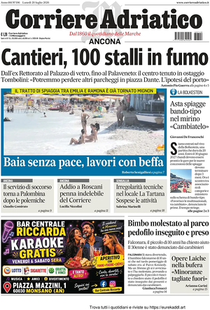 Prima pagina Corriere Adriatico (Ancona) di oggi - Quotidiano regionale
