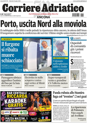 Prima pagina Corriere Adriatico (Ancona) di oggi - Quotidiano regionale