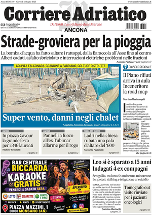 Prima pagina Corriere Adriatico (Ancona) di oggi - Quotidiano regionale