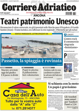 Prima pagina Corriere Adriatico (Ancona) di oggi - Quotidiano regionale